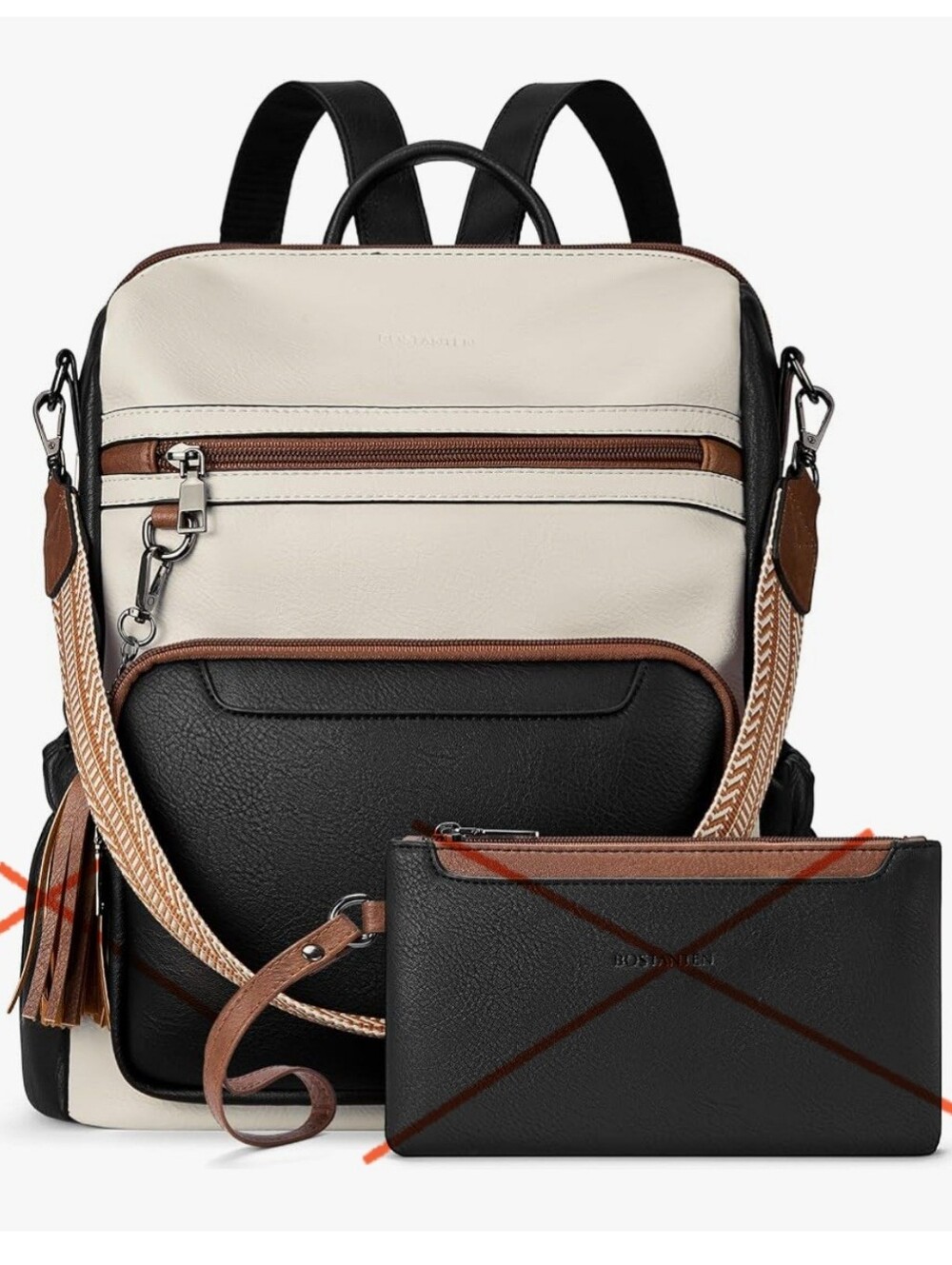 BOSTANTEN Black Cream Brown Leather  Laptop Travel Crossbody Backpack Purse VG+
